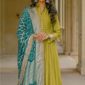 Olive Green Long Sleeve Anarkali Dress with Teal Embellished Dupatta